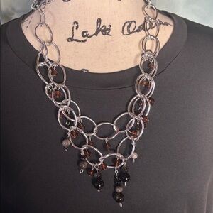 Silver Obsidian and Red Crystal Double Layer Necklace